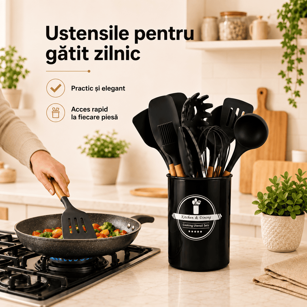 Set 12 Ustensile Bucătărie Silicon – Rezistente la Căldură, pentru Vase Antiaderente