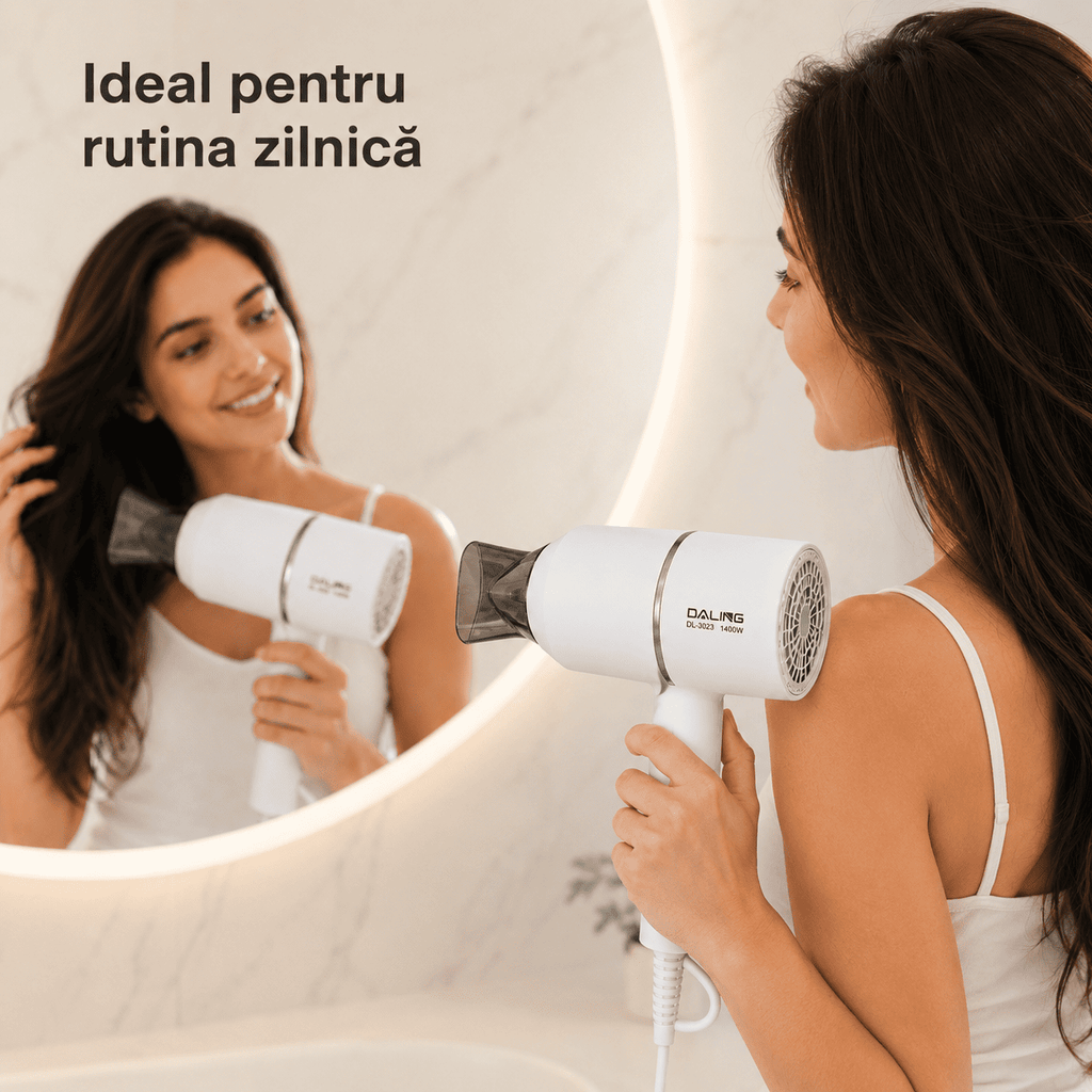 Uscător de Păr 1400W cu Duză – Uscare Rapidă, 2 Trepte Temperatură, Alb sau Roz