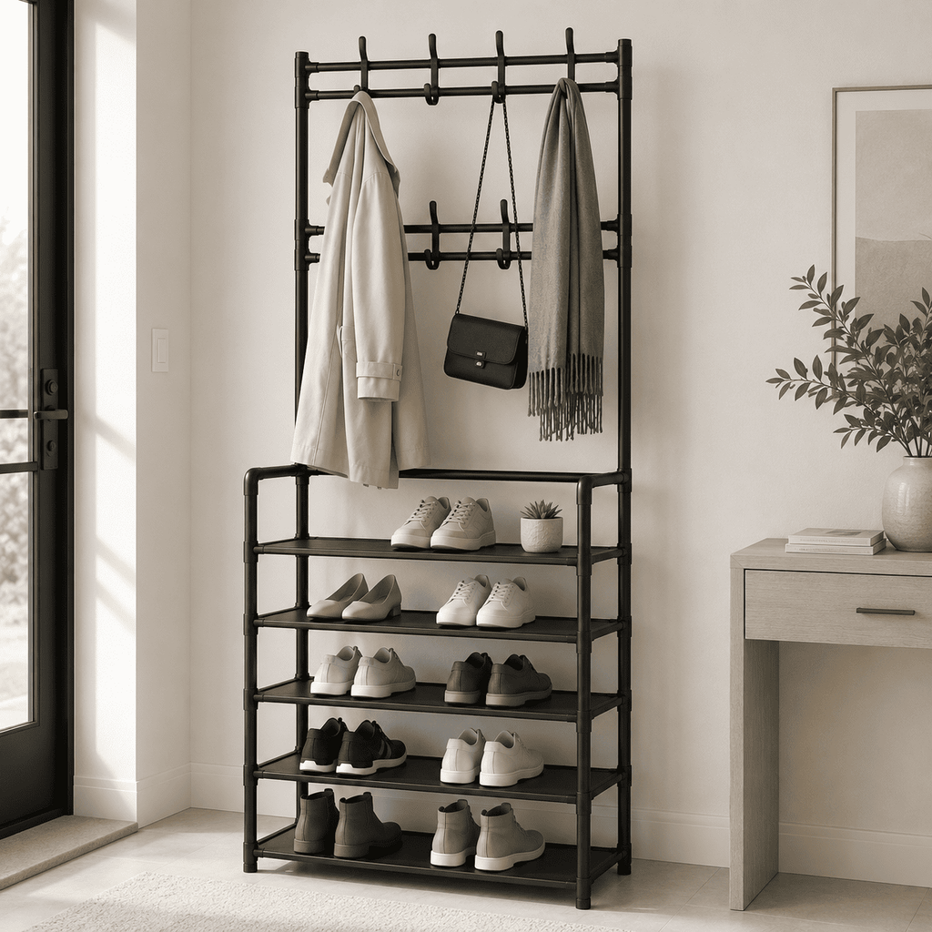 Cuier Metalic Negru cu 5 Rafturi pentru Pantofi – Organizare Hol Şi Dressing