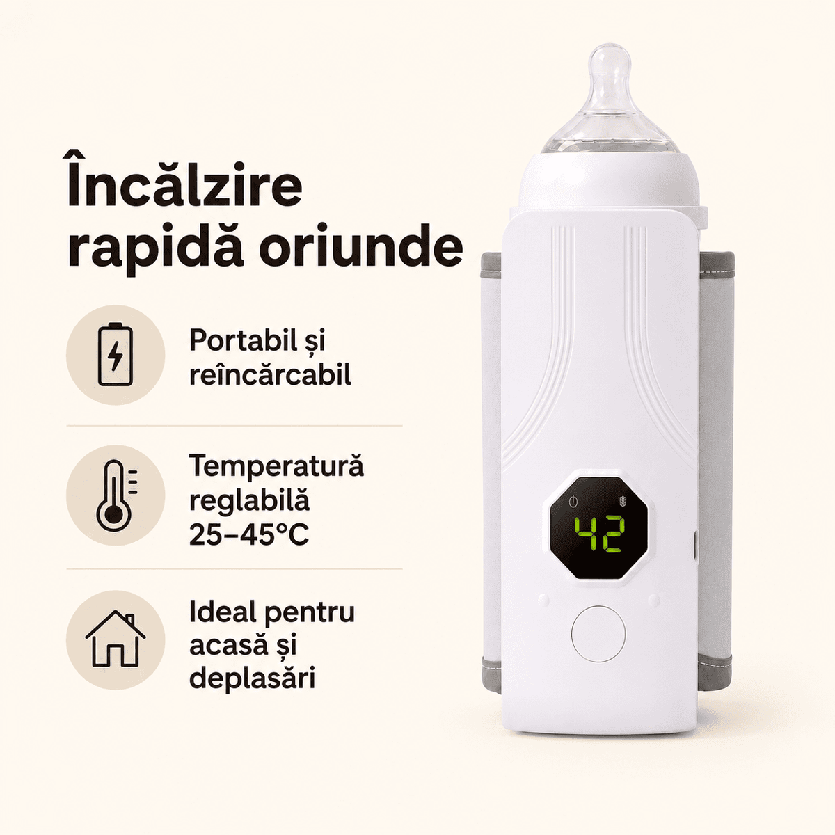 Încălzitor Portabil Lapte pentru Biberon – Reîncărcabil, cu Display Digital