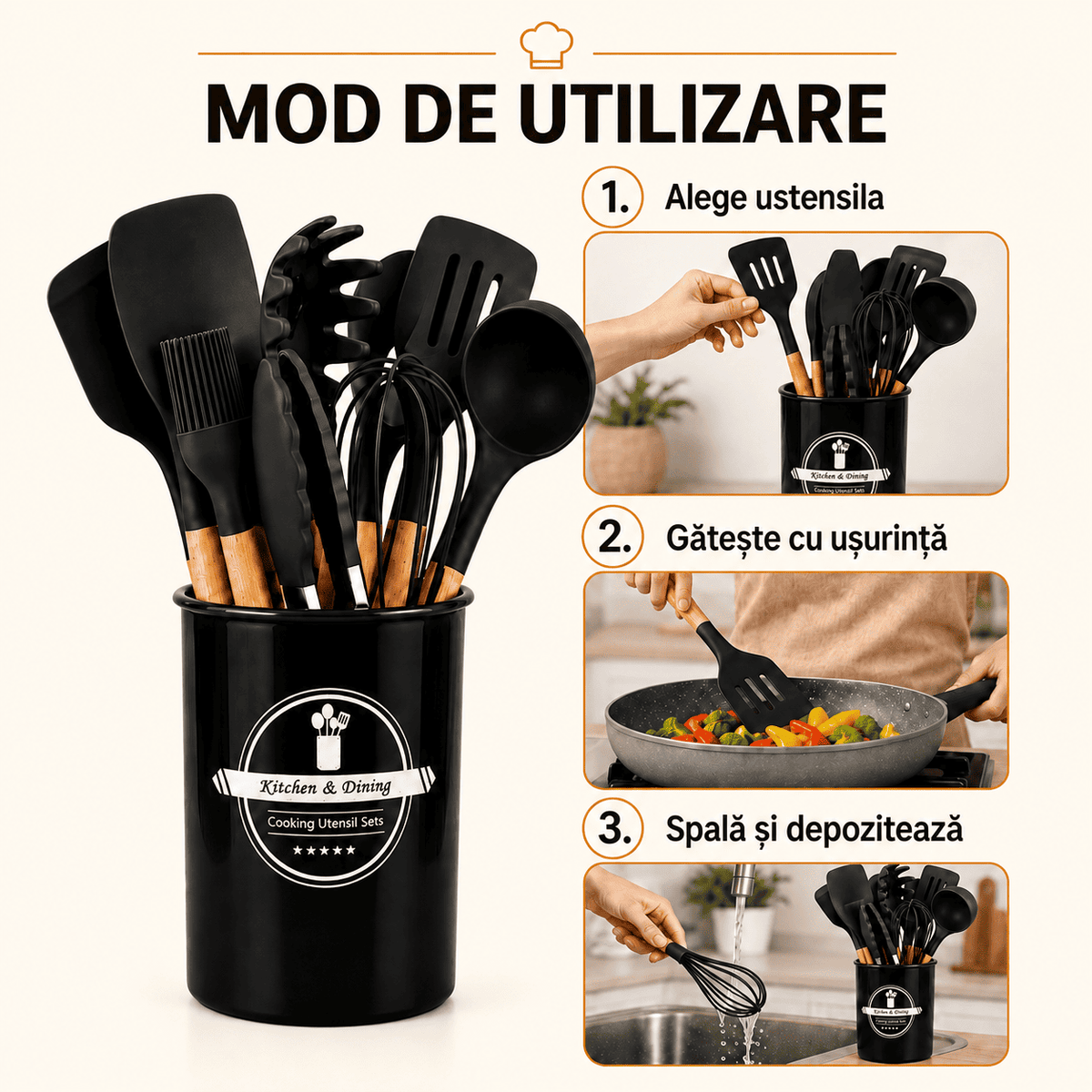 Set 12 Ustensile Bucătărie Silicon – Rezistente la Căldură, pentru Vase Antiaderente
