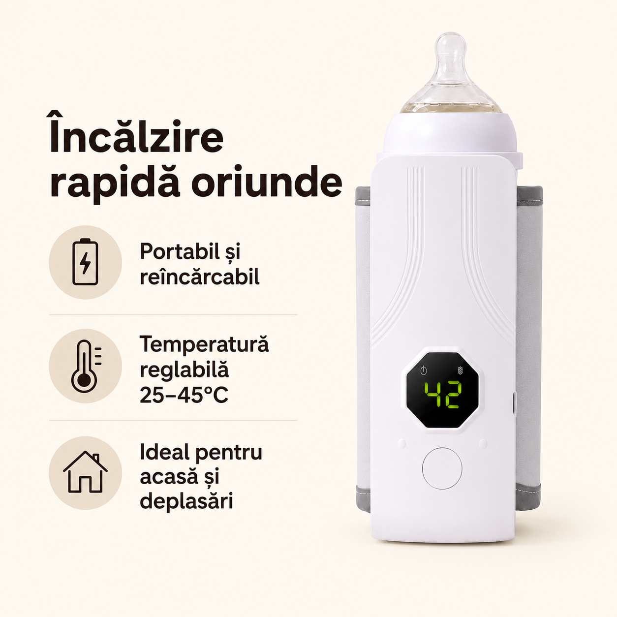 Încălzitor Portabil Lapte pentru Biberon – Reîncărcabil, cu Display Digital