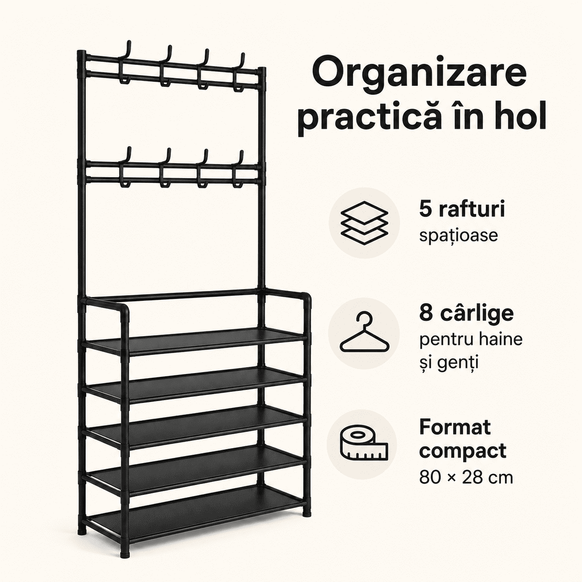 Cuier Metalic Negru cu 5 Rafturi pentru Pantofi – Organizare Hol Şi Dressing