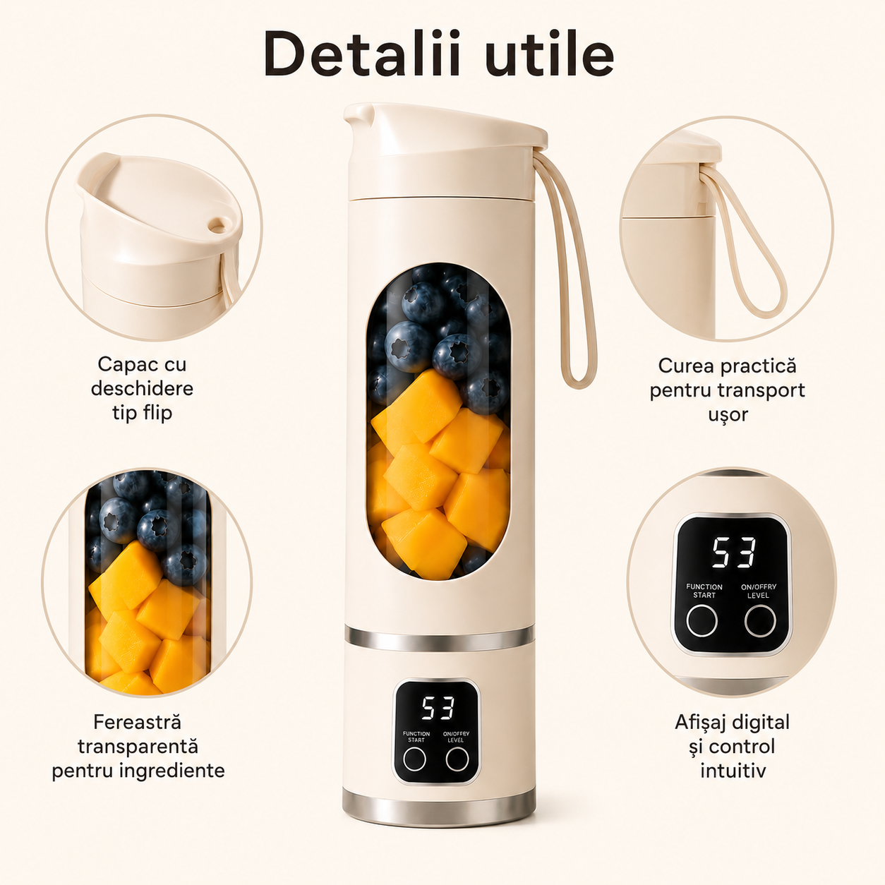 Blender portabil alb pentru fructe și proteine – Ravian.ro