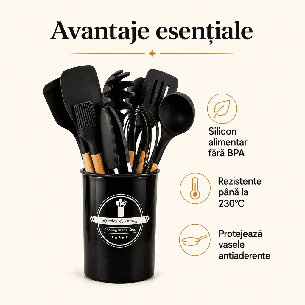 Set 12 Ustensile Bucătărie Silicon – Rezistente la Căldură, pentru Vase Antiaderente