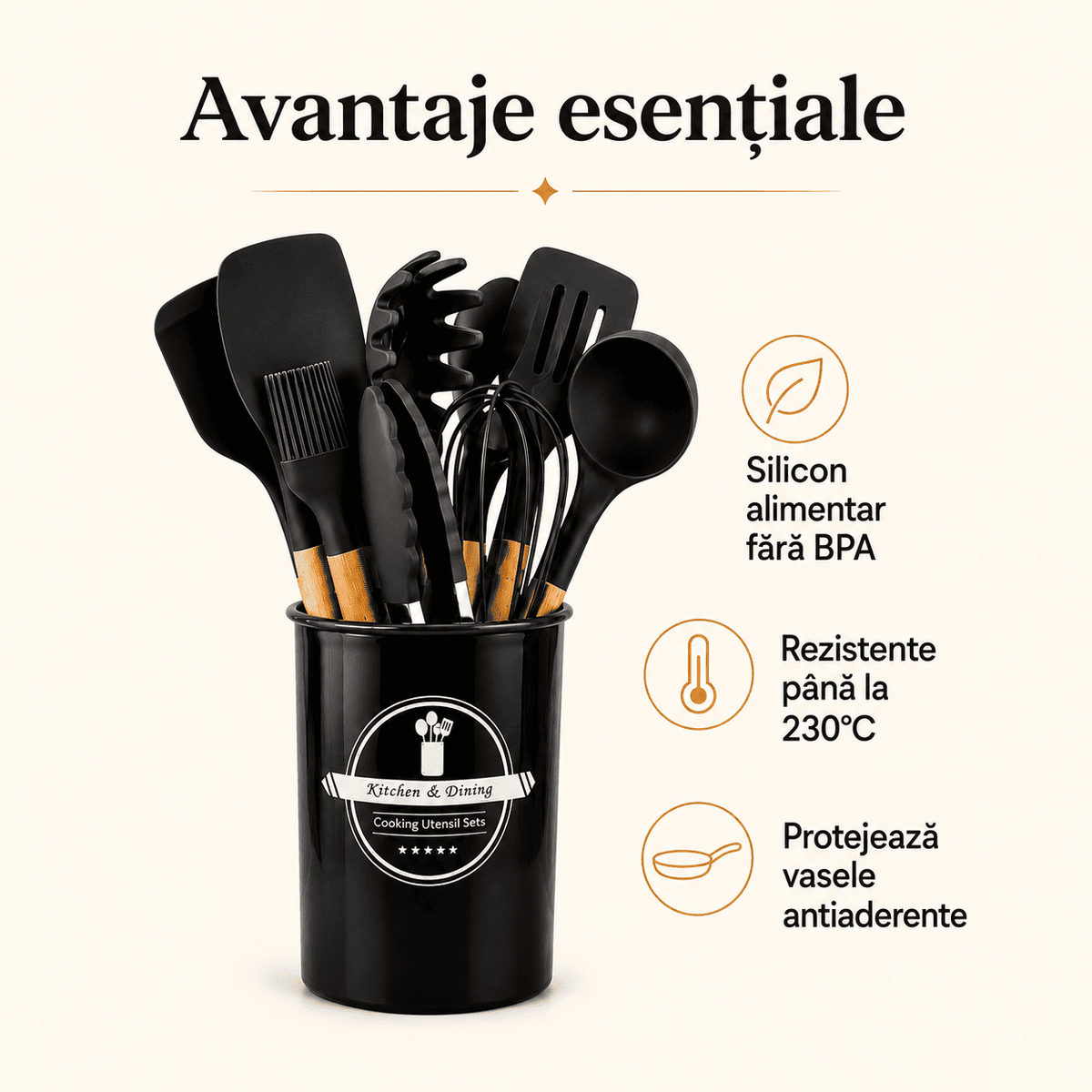 Set 12 Ustensile Bucătărie Silicon – Rezistente la Căldură, pentru Vase Antiaderente