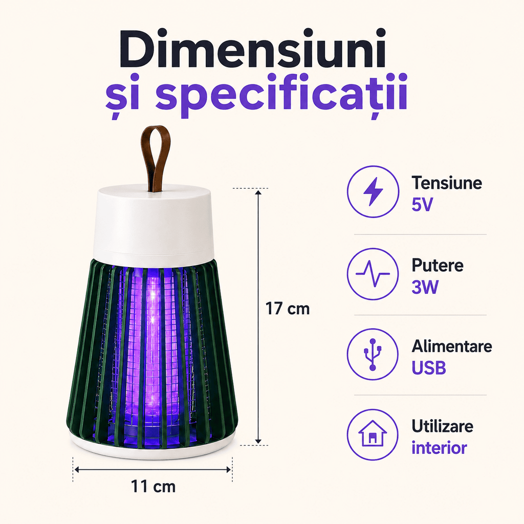 Lampă UV Anti-Țânțari cu Electrocutare – Silențioasă, USB, Fără Chimicale
