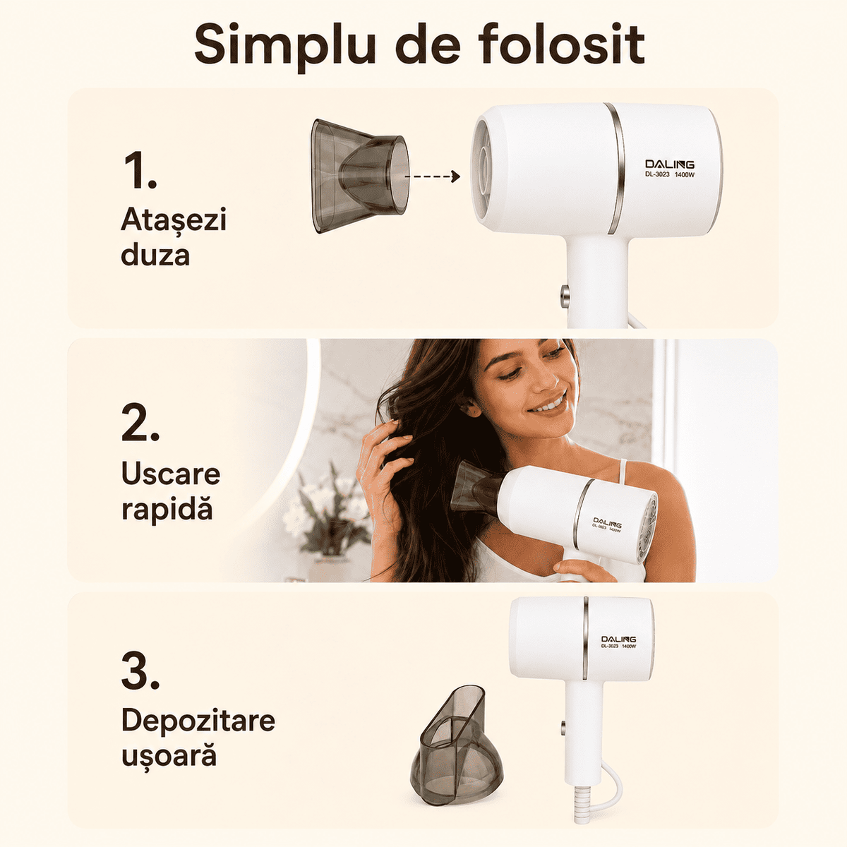 Uscător de Păr 1400W cu Duză – Uscare Rapidă, 2 Trepte Temperatură, Alb sau Roz
