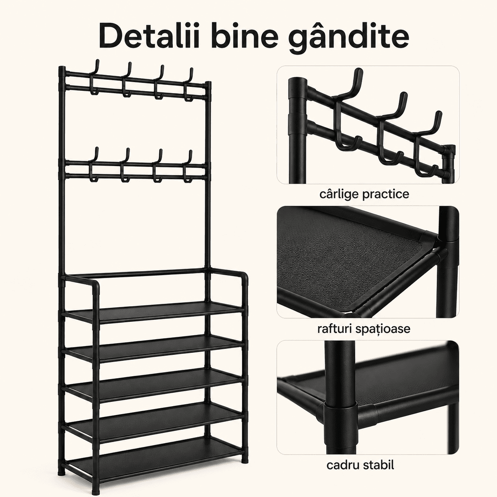Cuier Metalic Negru cu 5 Rafturi pentru Pantofi – Organizare Hol Şi Dressing