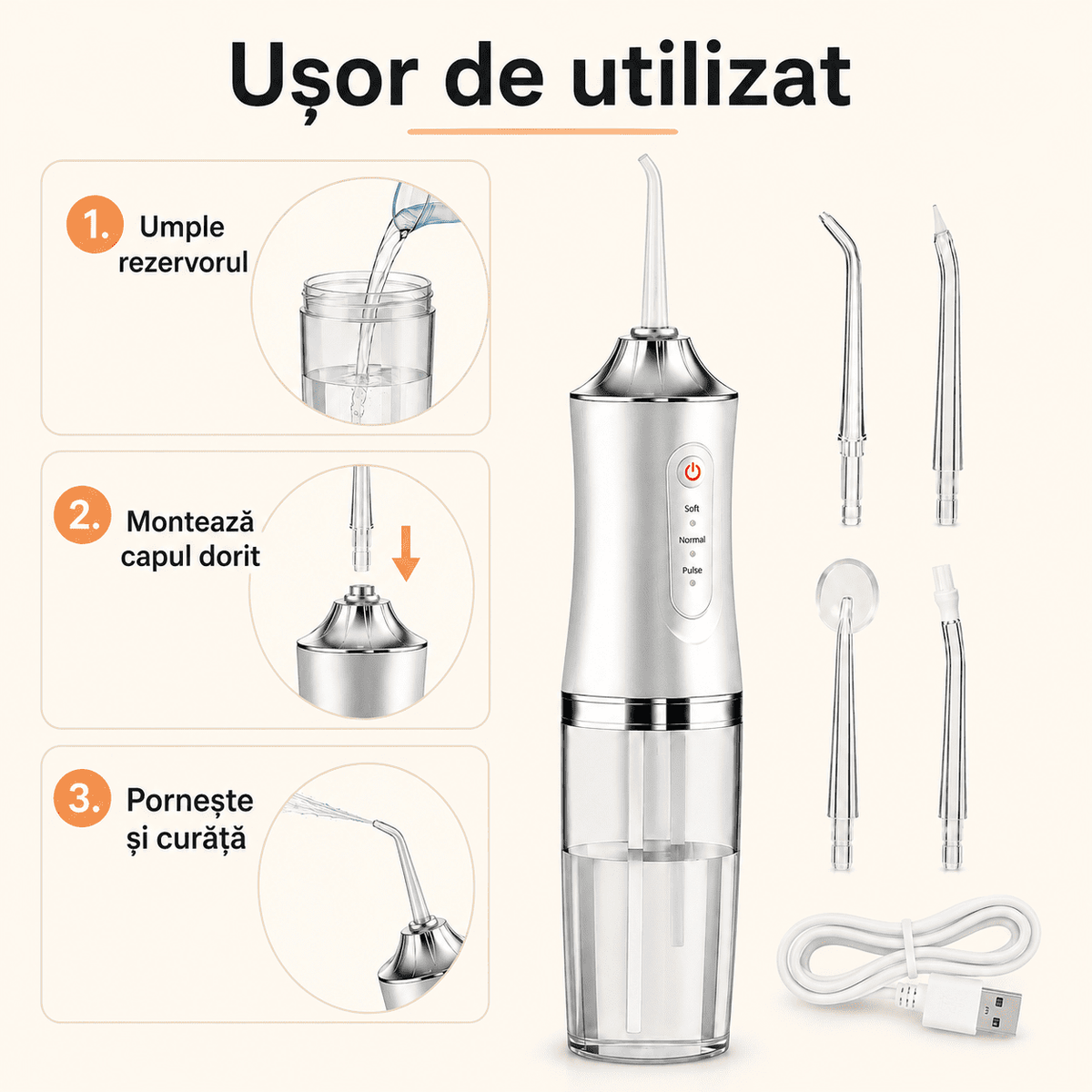 Irigator Bucal Portabil – Curăță Dinții Şi Gingiile Eficient, Rezistent la Apă