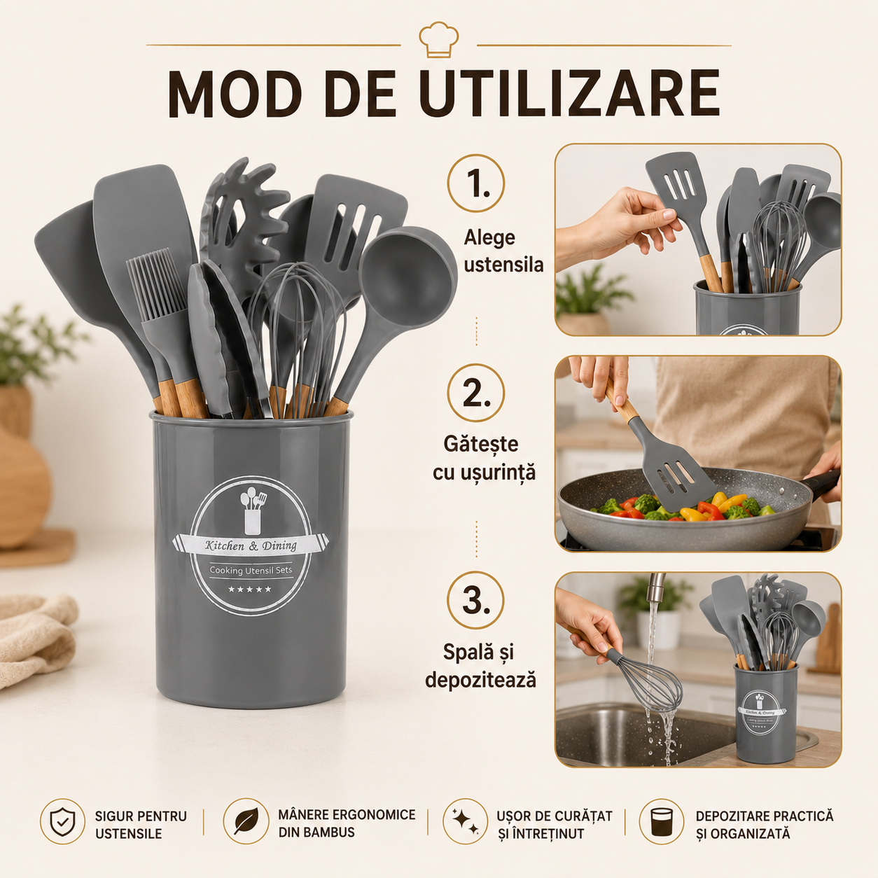 Ustensile silicon cu mâner ergonomic – Ravian.ro