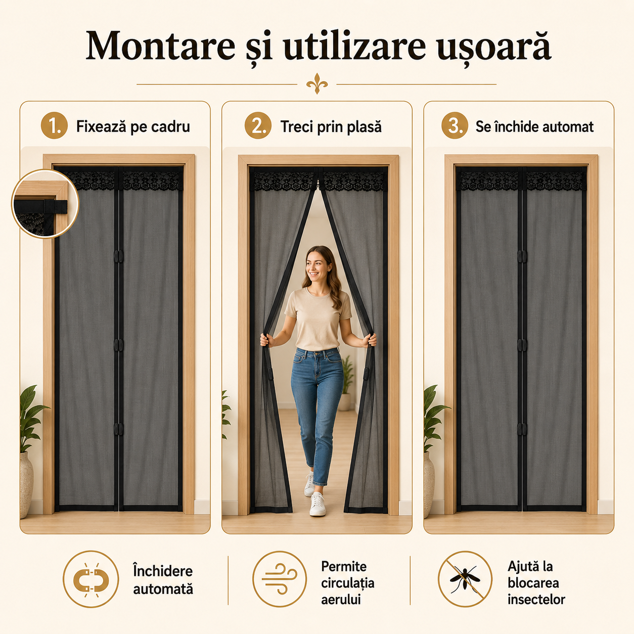 Plasă Magnetică Anti-Insecte pentru Ușă – Închidere Automată, 100x210 cm