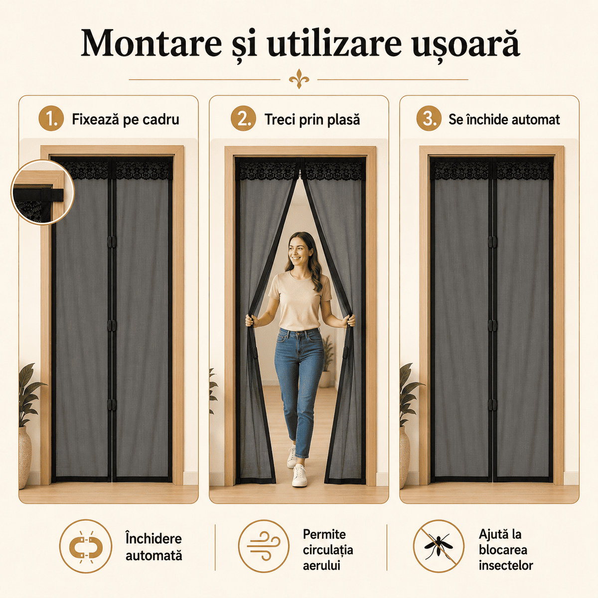 Plasă Magnetică Anti-Insecte pentru Ușă – Închidere Automată, 100x210 cm