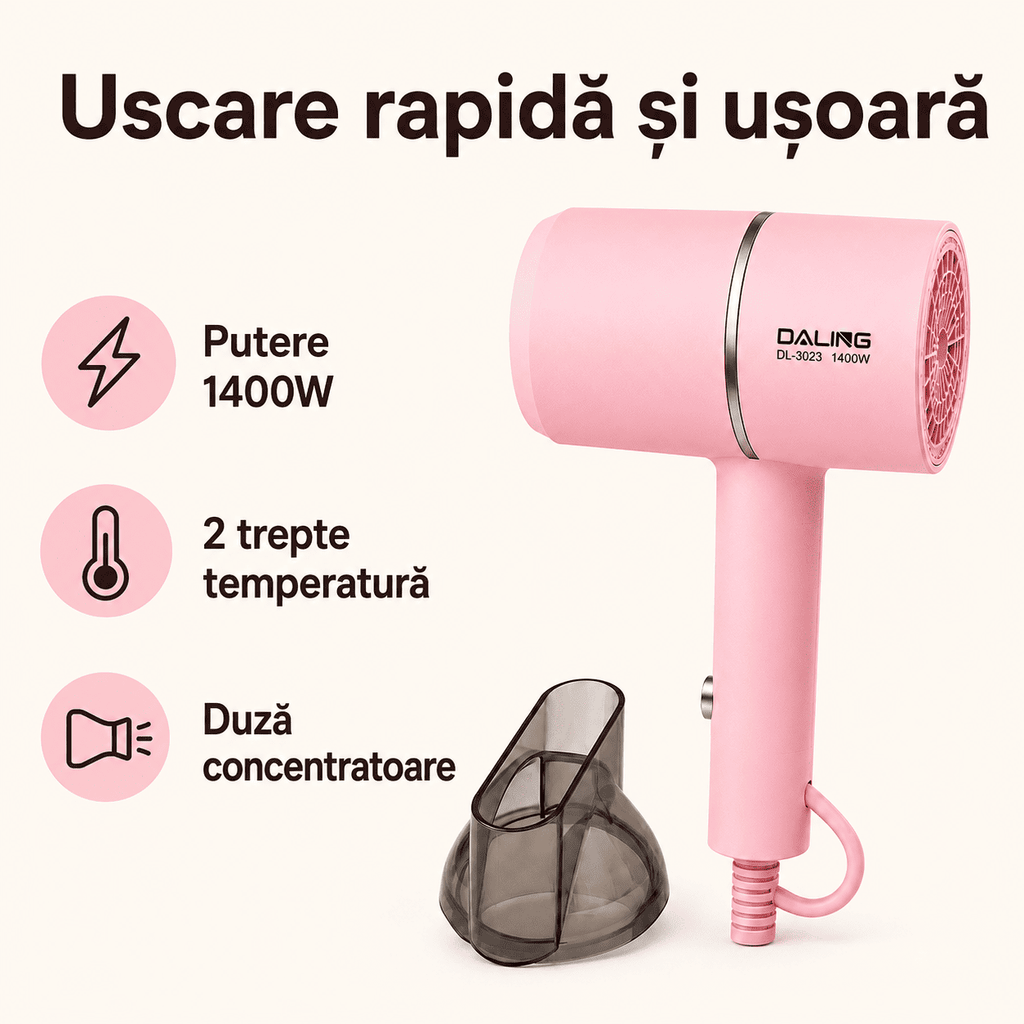 Uscător de Păr 1400W cu Duză – Uscare Rapidă, 2 Trepte Temperatură, Alb sau Roz