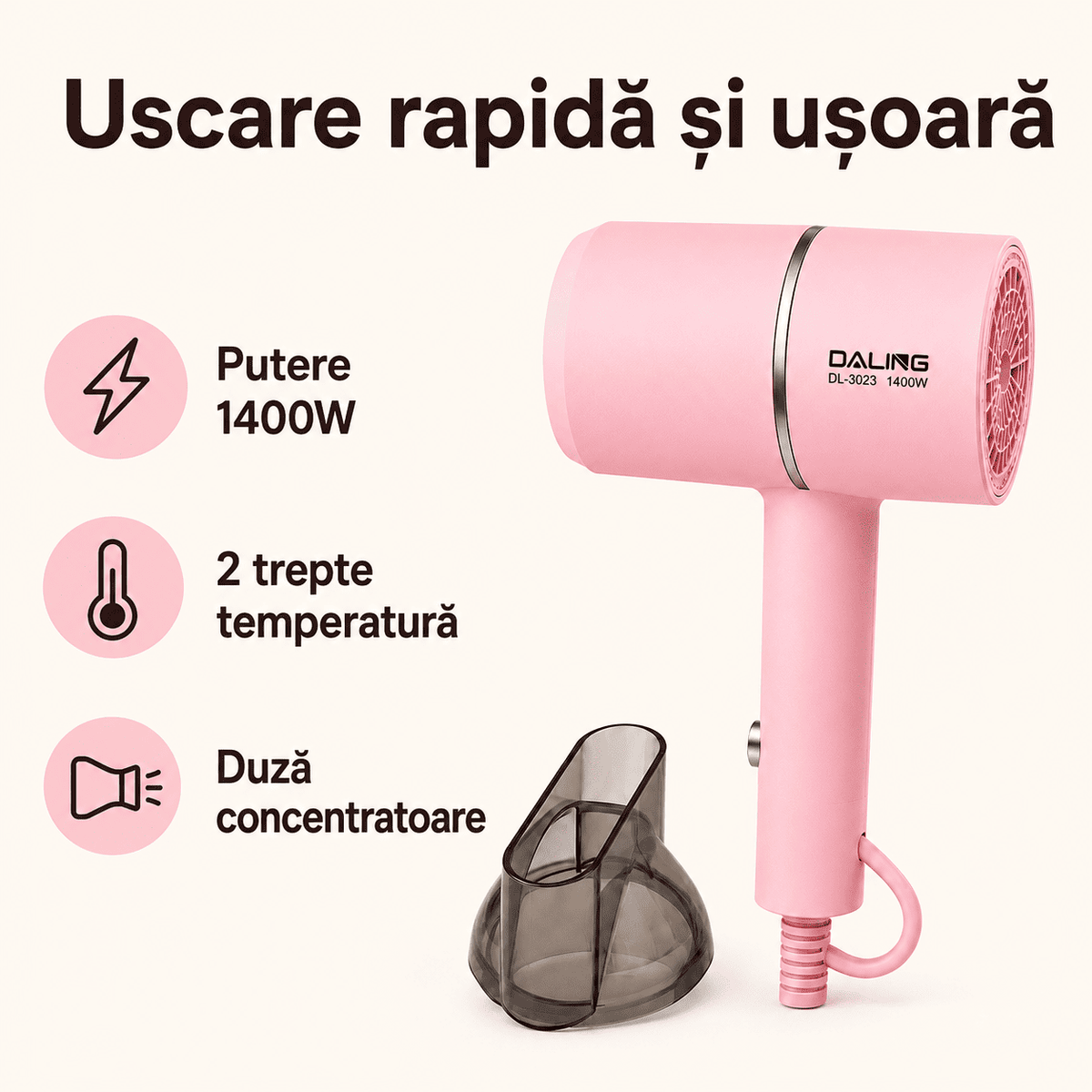 Uscător de Păr 1400W cu Duză – Uscare Rapidă, 2 Trepte Temperatură, Alb sau Roz