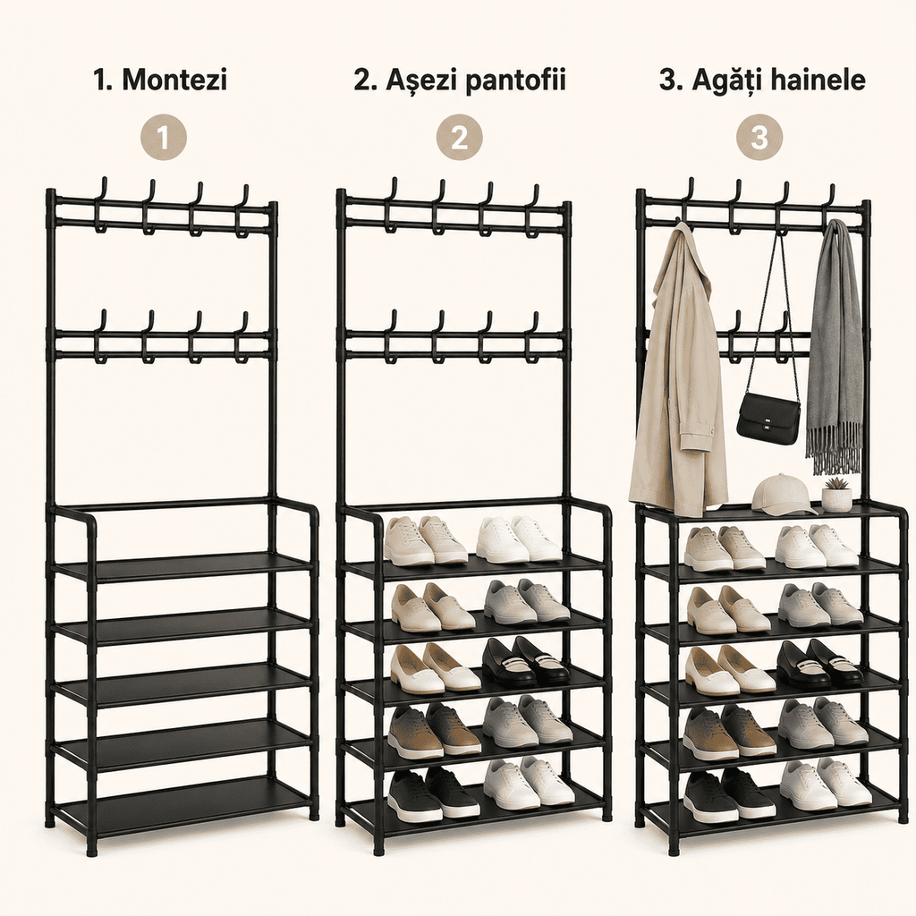 Cuier Metalic Negru cu 5 Rafturi pentru Pantofi – Organizare Hol Şi Dressing