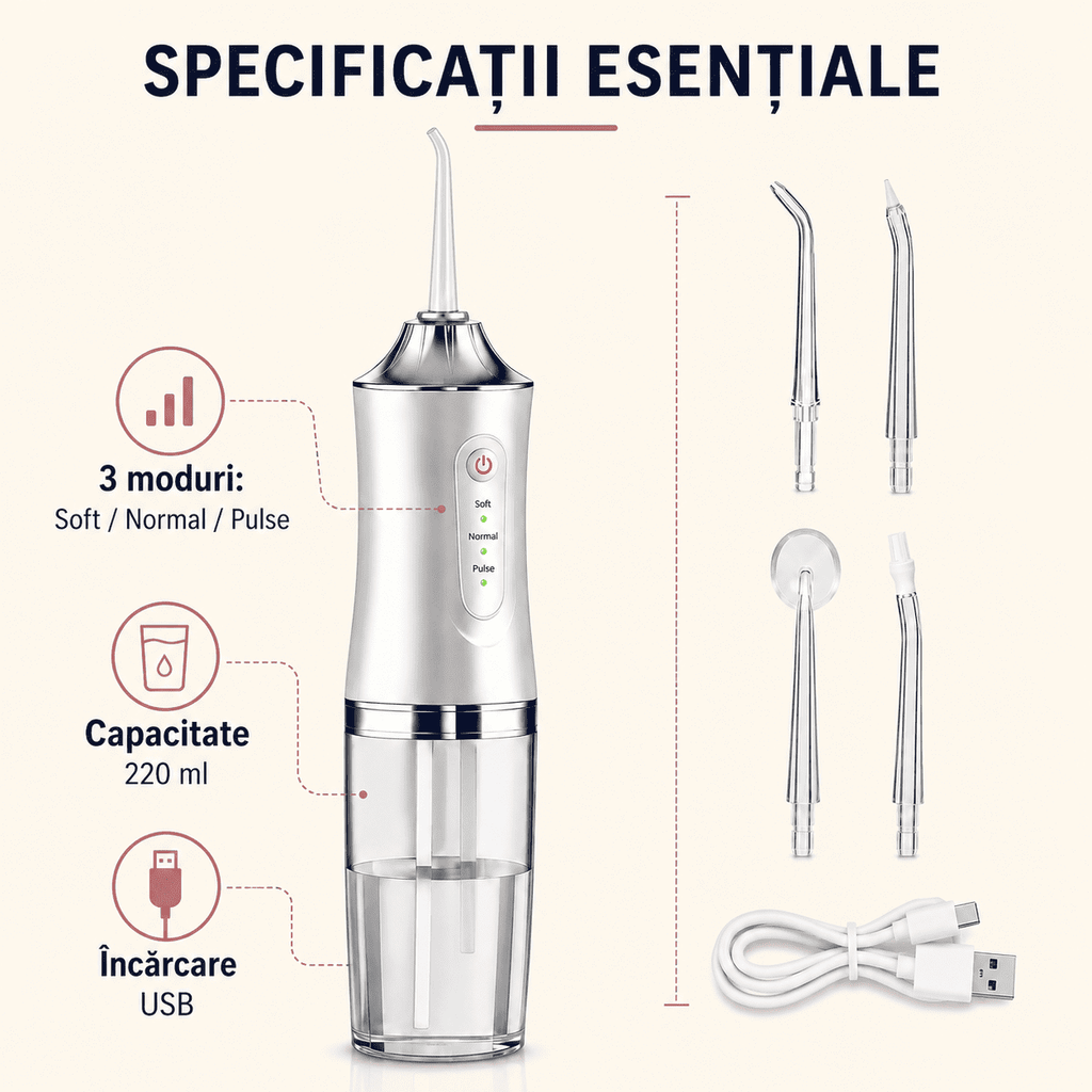 Irigator Bucal Portabil – Curăță Dinții Şi Gingiile Eficient, Rezistent la Apă