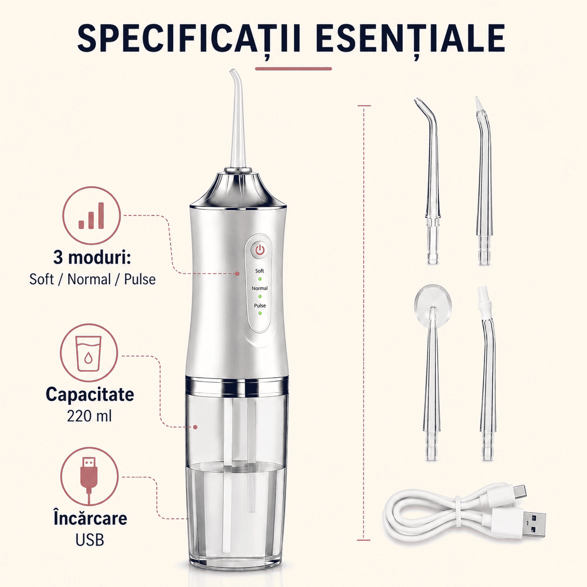 Irigator Bucal Portabil – Curăță Dinții Şi Gingiile Eficient, Rezistent la Apă