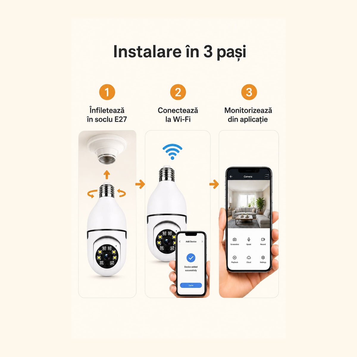 Cameră de Supraveghere WiFi Tip Bec – Monitorizare Casa din Telefon, fără Cabluri