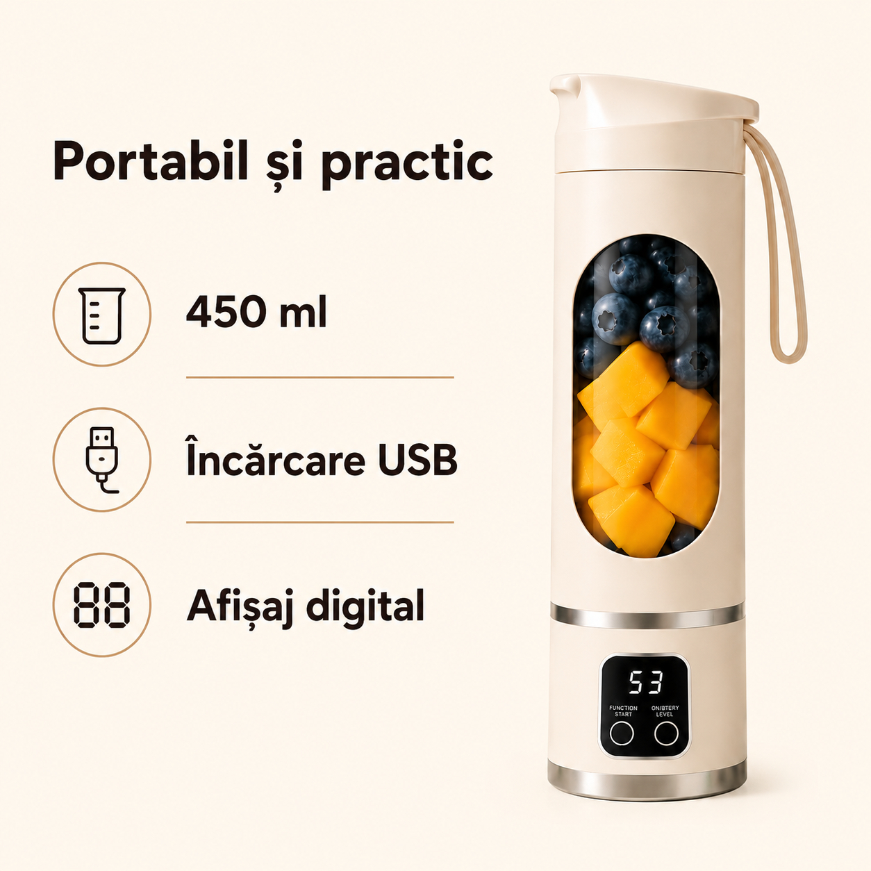Blender portabil cu capac de transport – Ravian.ro