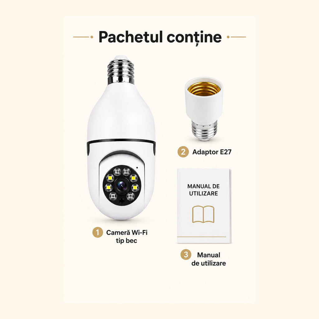Cameră WiFi tip bec instalare simplă – Ravian.ro