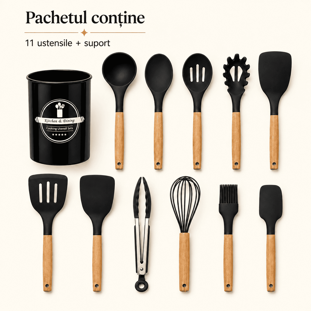 Set 12 Ustensile Bucătărie Silicon – Rezistente la Căldură, pentru Vase Antiaderente