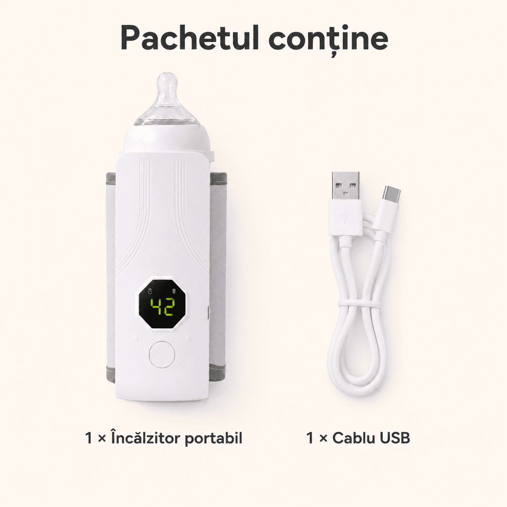 Încălzitor Portabil Lapte pentru Biberon – Reîncărcabil, cu Display Digital