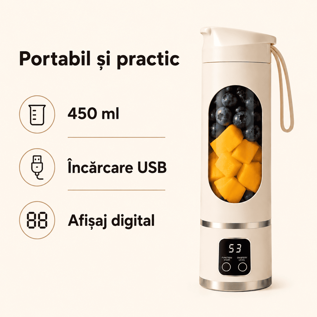 Blender Portabil 450ml – Reîncărcabil USB, pentru Smoothie și Shake-uri