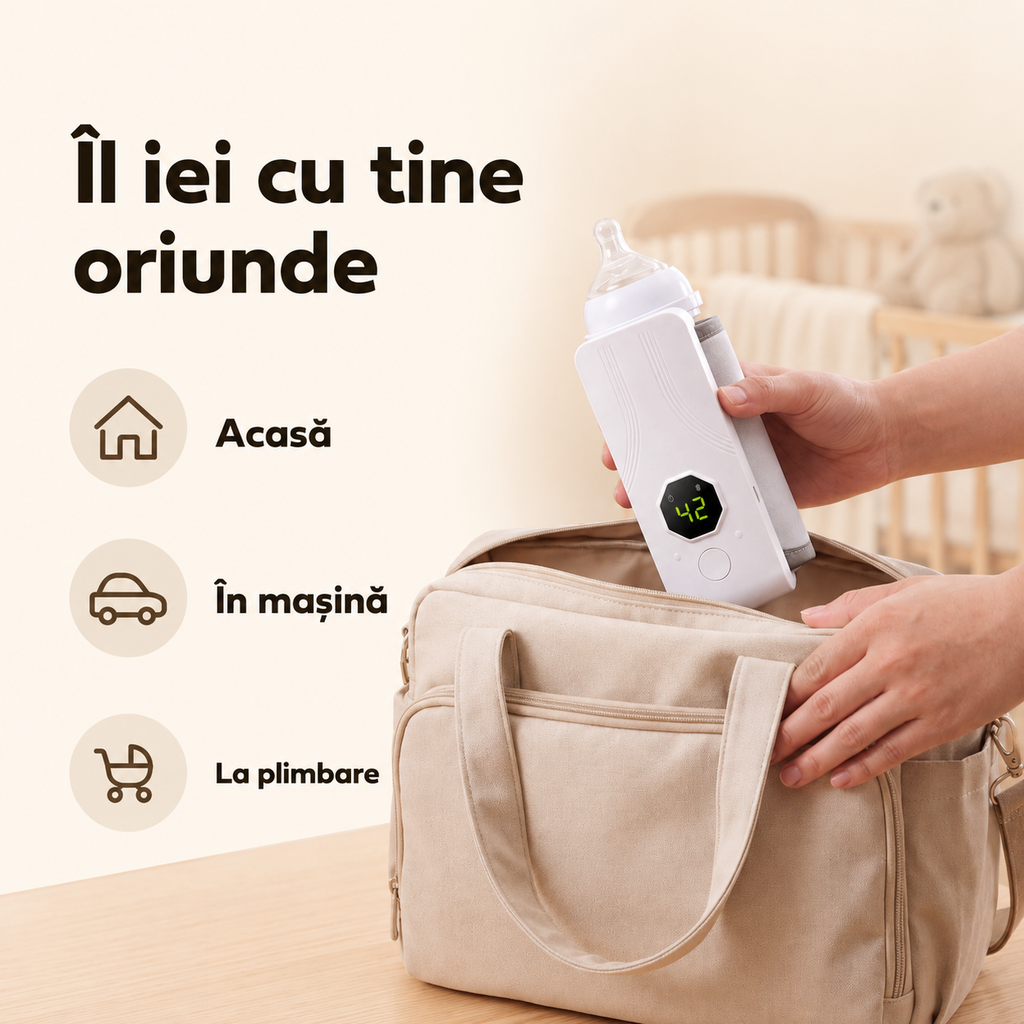 Încălzitor Portabil Lapte pentru Biberon – Reîncărcabil, cu Display Digital