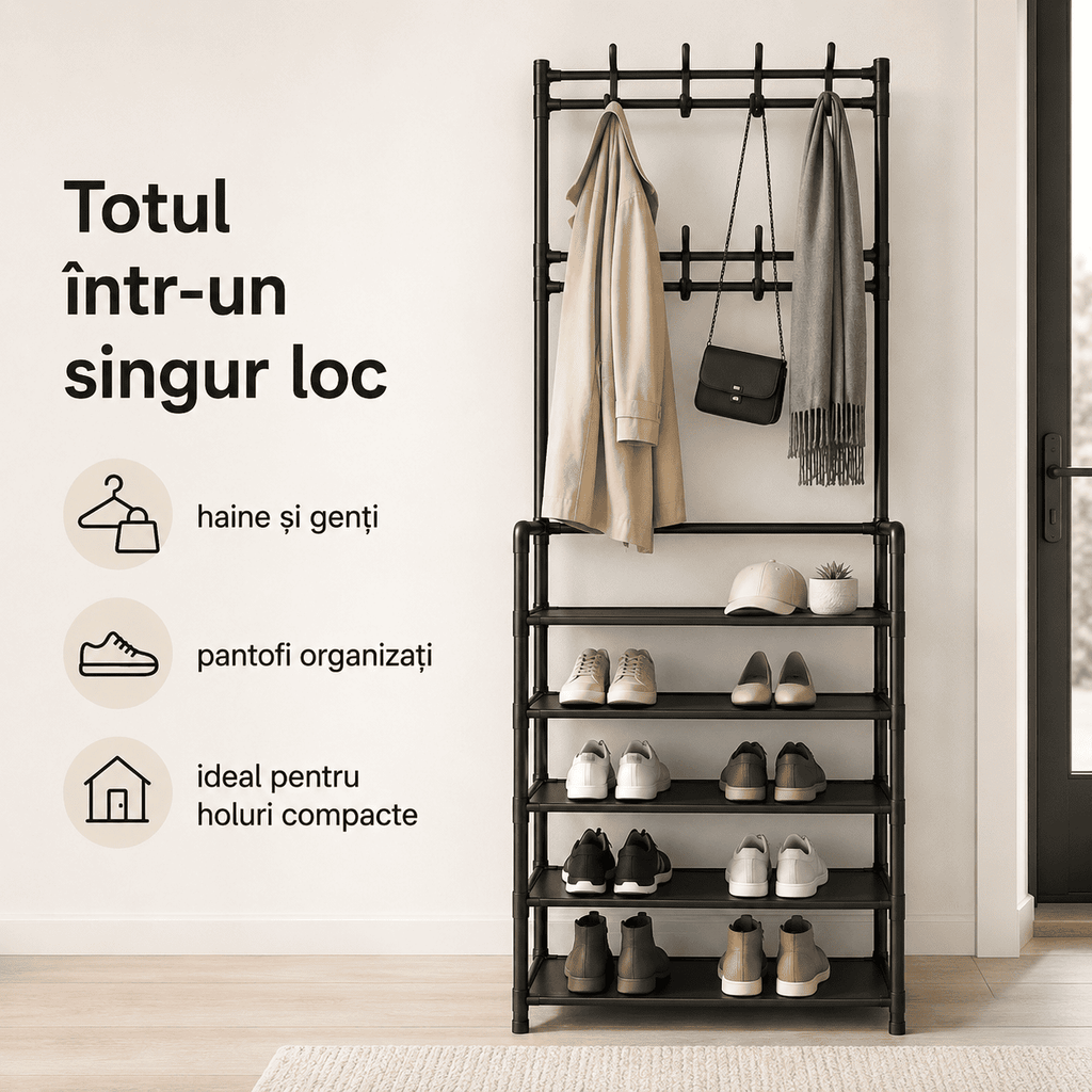 Cuier Metalic Negru cu 5 Rafturi pentru Pantofi – Organizare Hol Şi Dressing