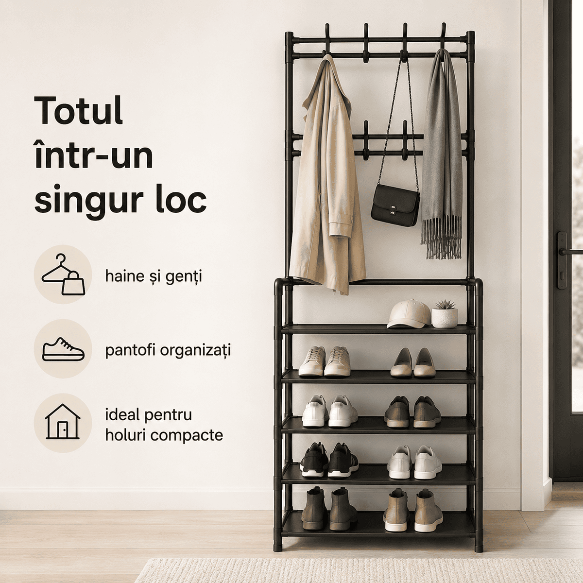 Cuier Metalic Negru cu 5 Rafturi pentru Pantofi – Organizare Hol Şi Dressing