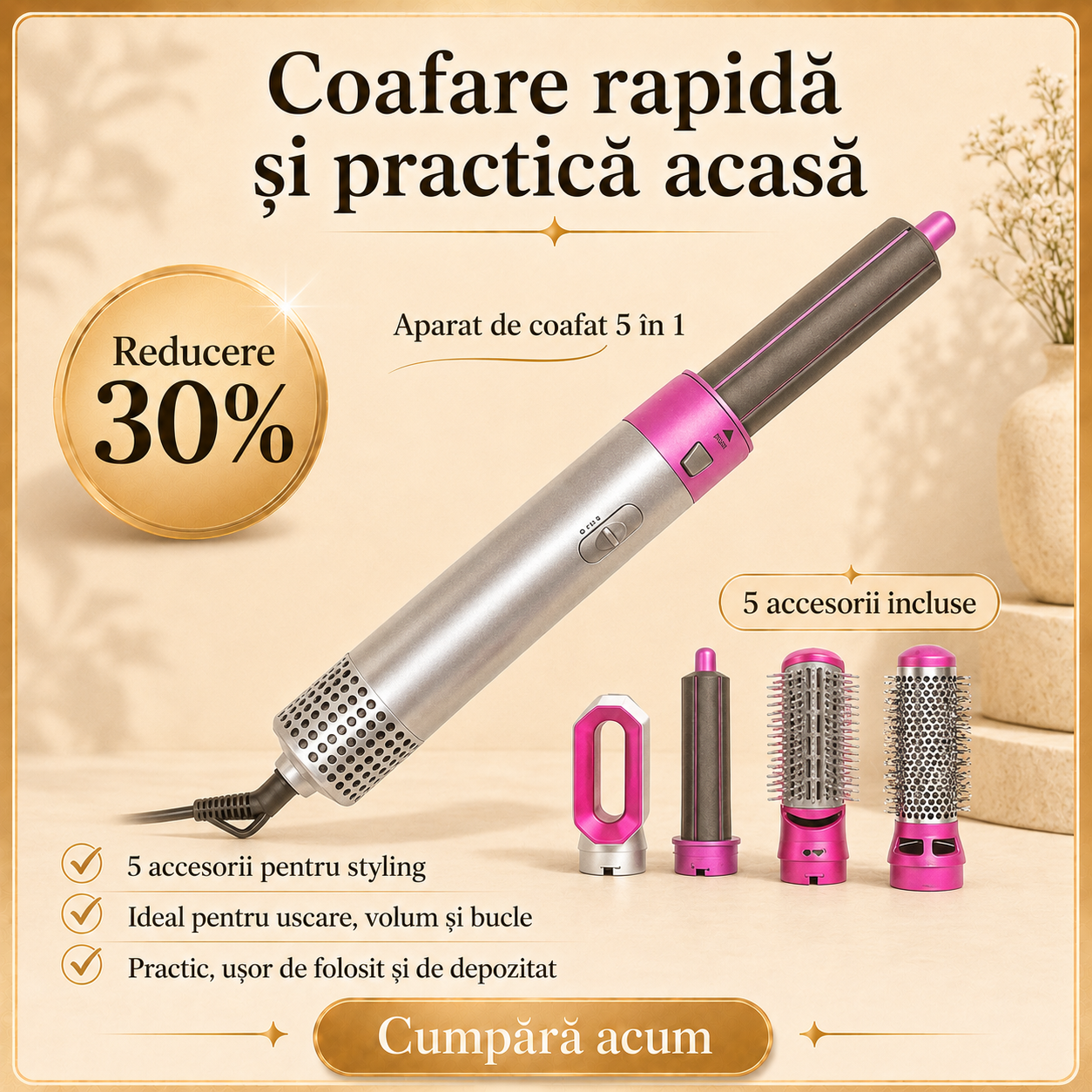 Aparat de coafat 5 în 1 cu aer cald uscare volum styling păr – Ravian.ro