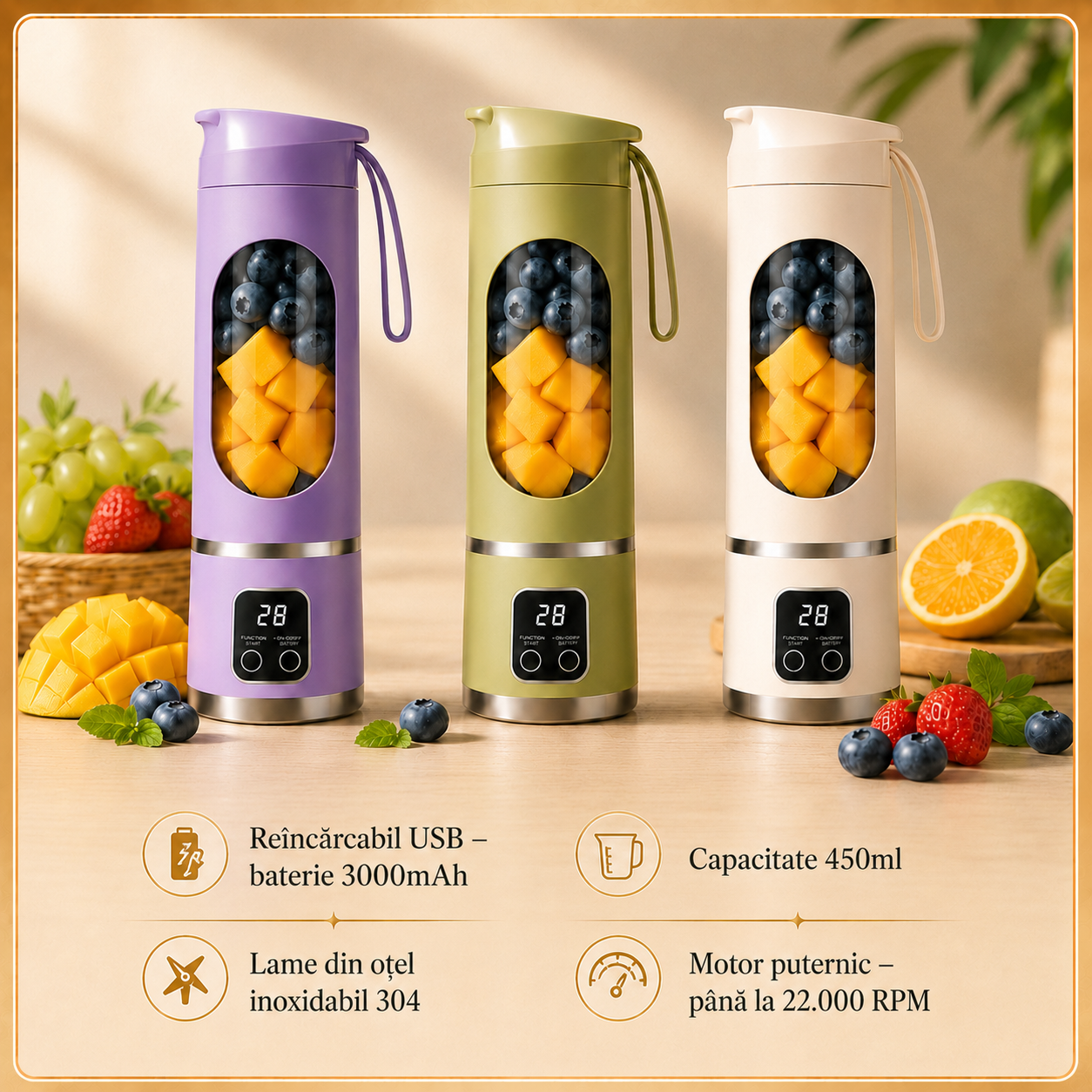 Blender Portabil 450ml – Reîncărcabil USB, pentru Smoothie și Shake-uri