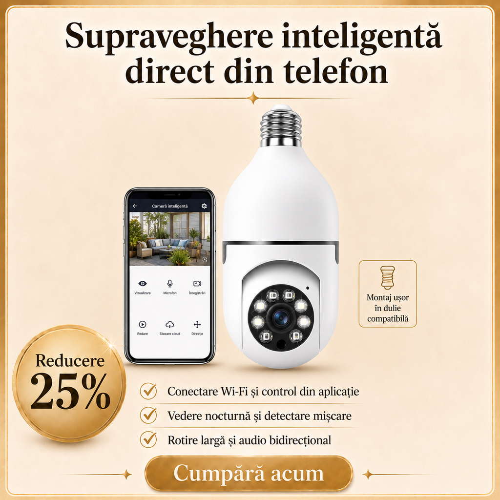 Cameră de supraveghere WiFi tip bec monitorizare casă din telefon – Ravian.ro