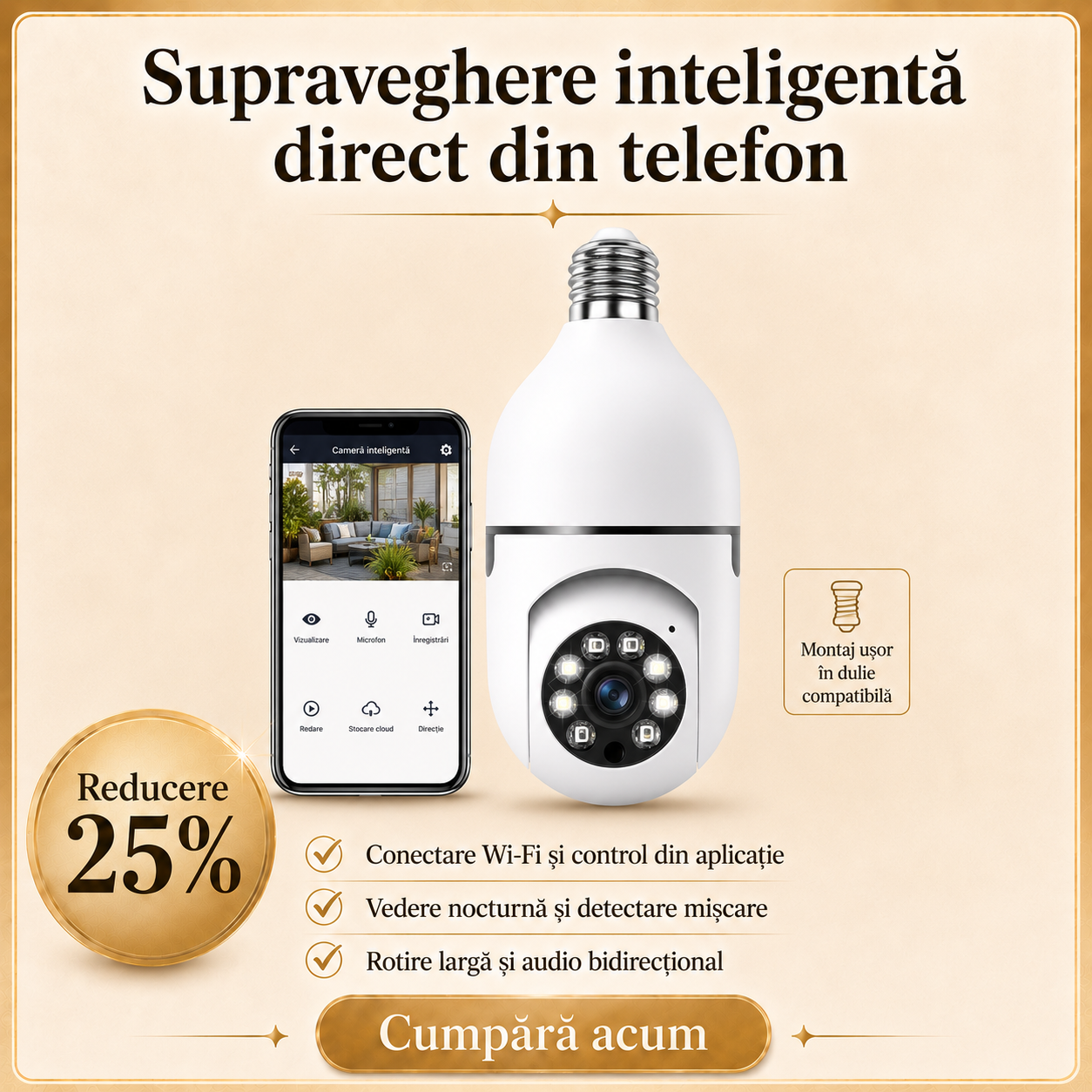 Cameră de supraveghere WiFi tip bec monitorizare casă din telefon – Ravian.ro