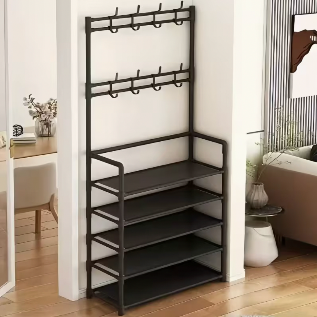 Cuier pentru haine și suport pantofi cu 5 rafturi, metalic, negru
