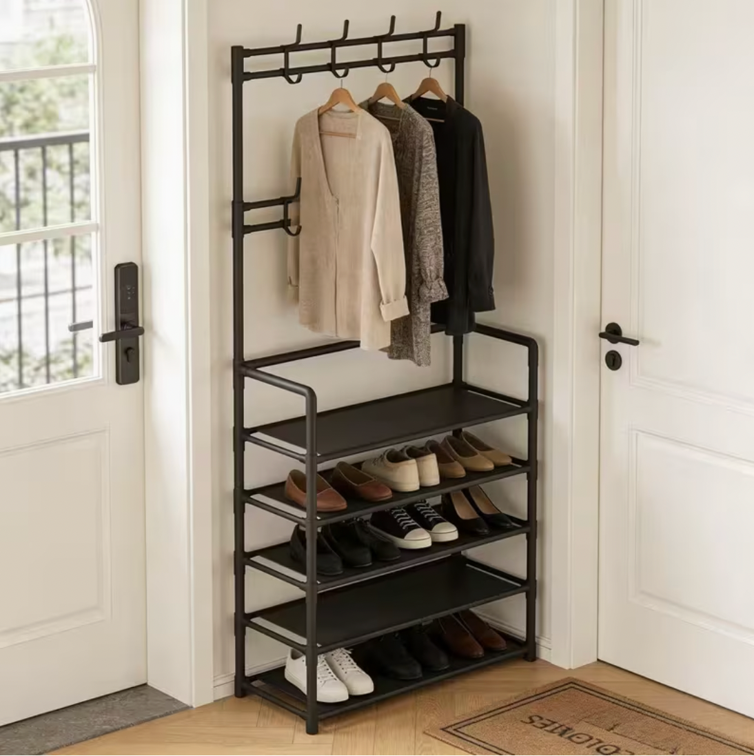 Cuier pentru haine și suport pantofi cu 5 rafturi, metalic, negru
