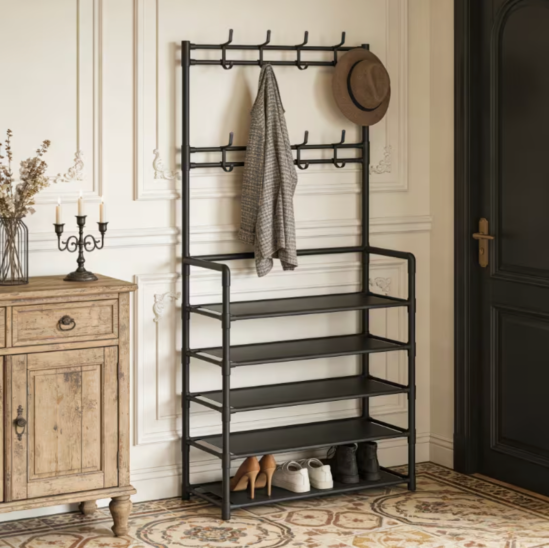 Cuier pentru haine și suport pantofi cu 5 rafturi, metalic, negru