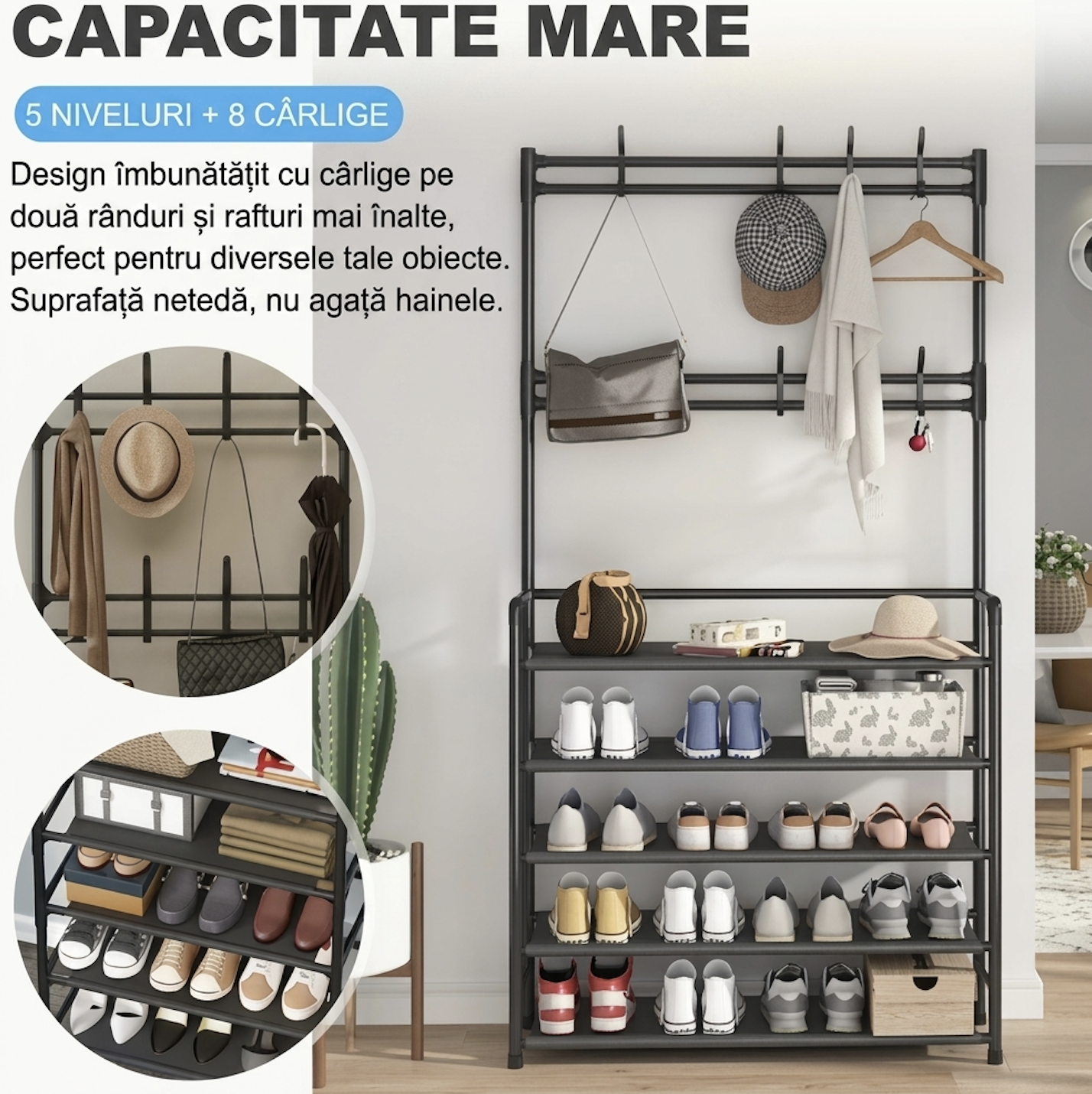 Cuier pentru haine și suport pantofi cu 5 rafturi, metalic, negru
