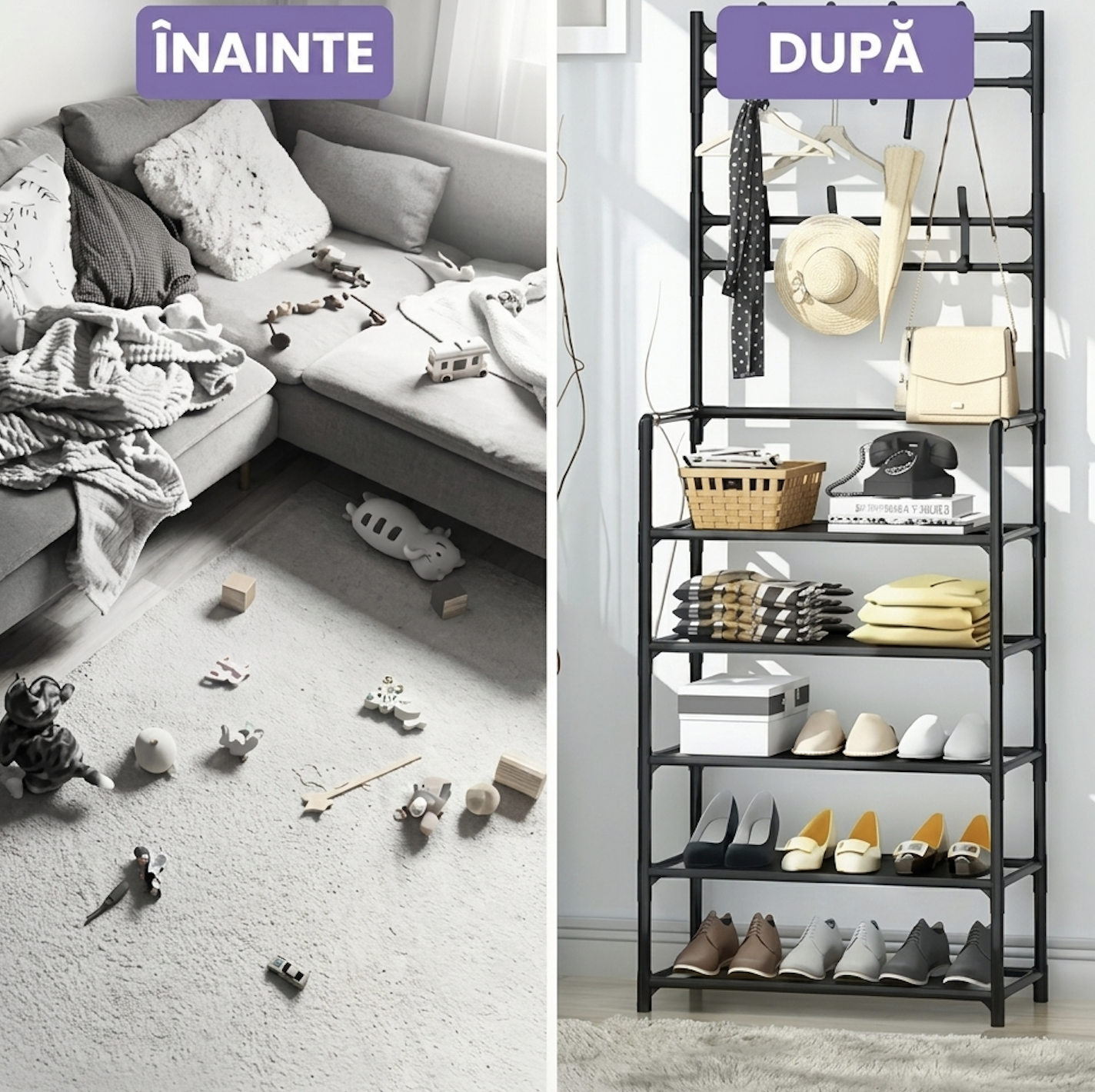 Cuier pentru haine și suport pantofi cu 5 rafturi, metalic, negru