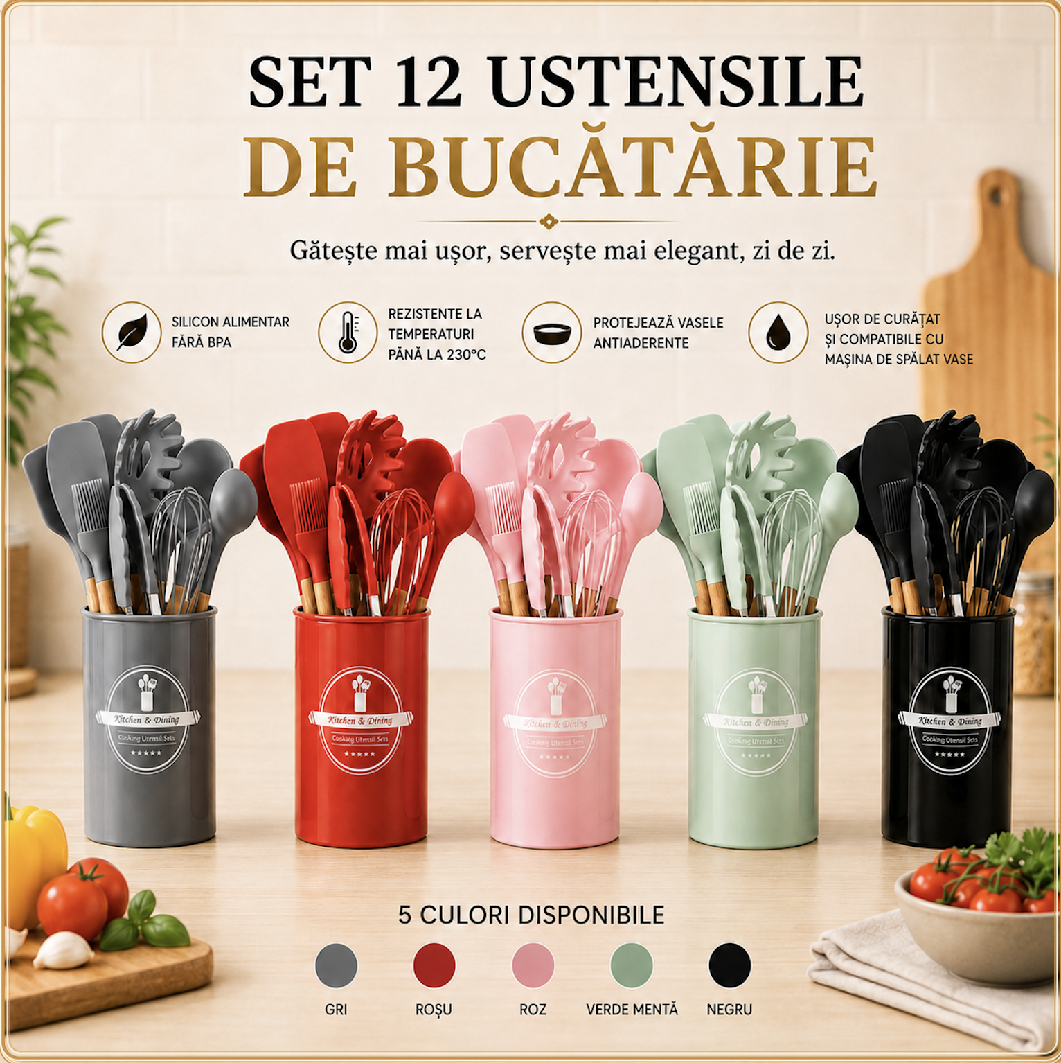Set 12 Ustensile Bucătărie Silicon – Rezistente la Căldură, pentru Vase Antiaderente