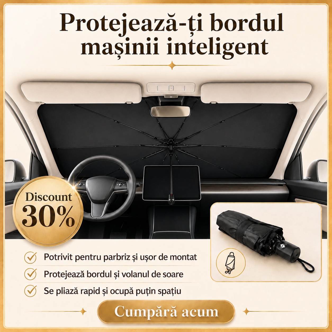 Parasolar auto pliabil tip umbrelă protecție UV parbriz – Ravian.ro