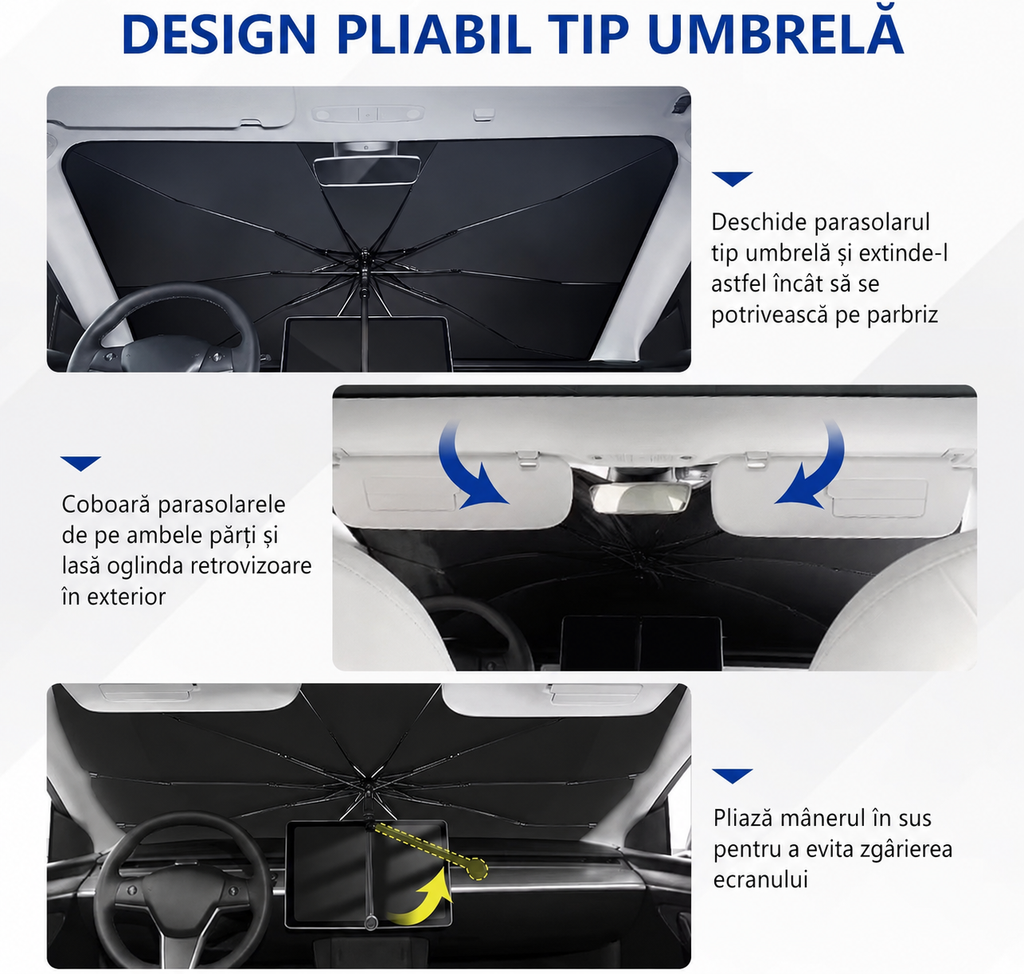 Parasolar auto tip umbrelă montat pe parbriz mașină – Ravian.ro